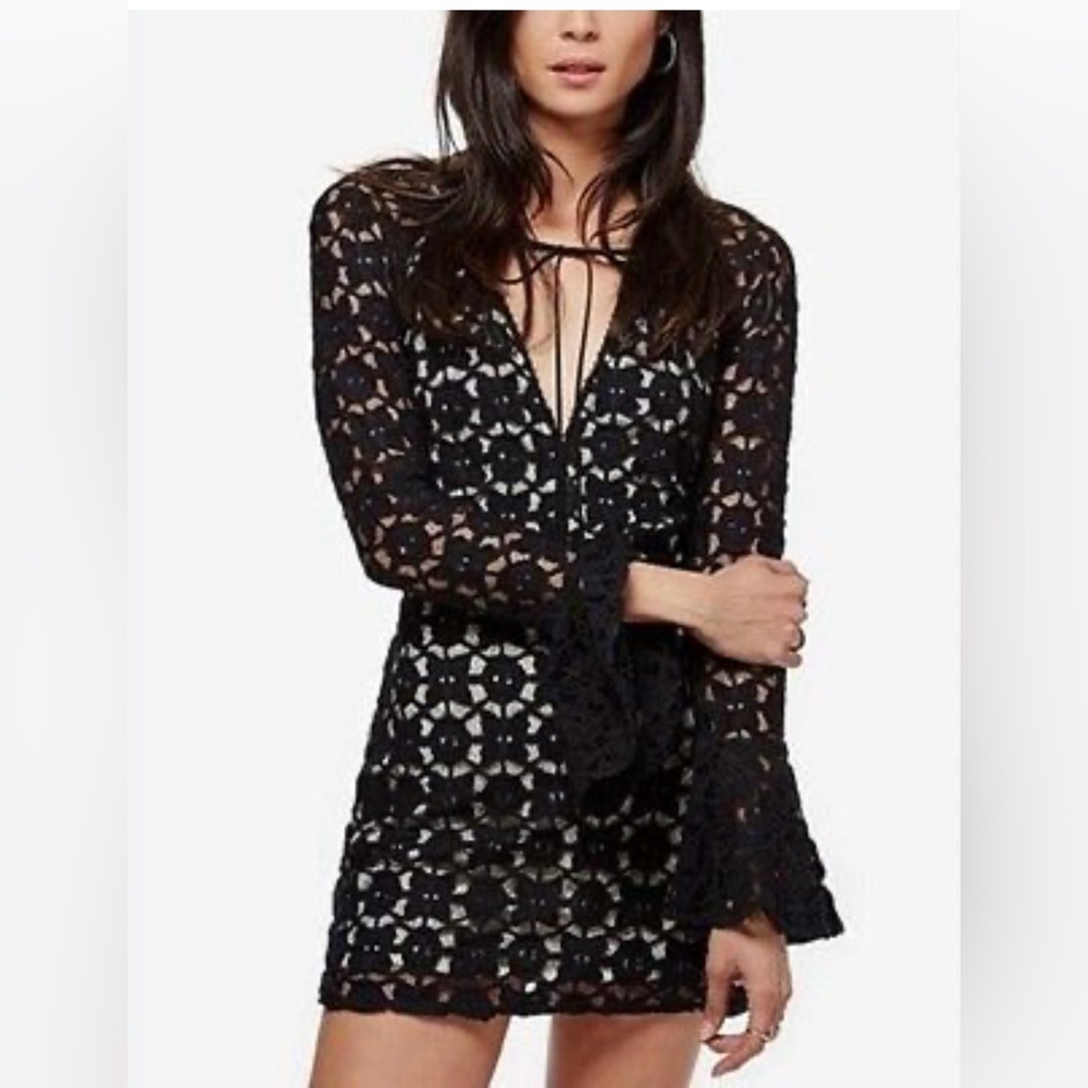 FREE PEOPLE Back to Black, Black Crochet Mini Dress-final Price